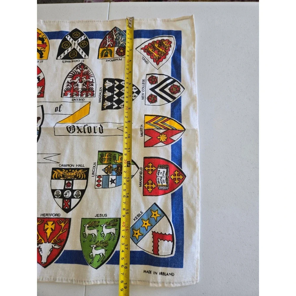 Ulster Vintage Irish Linen Tea Towel Arms of the Colleges of Oxford Ireland Made